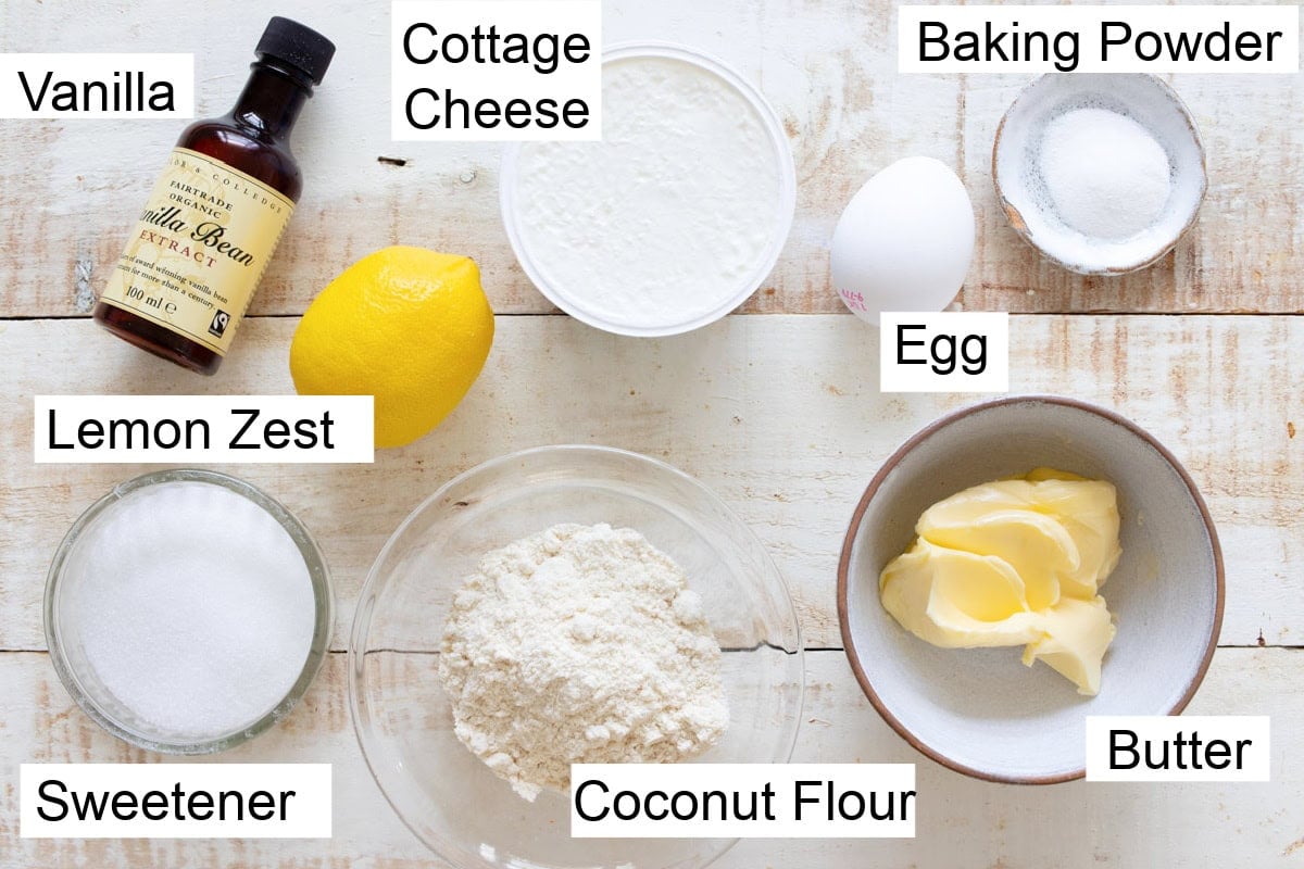Ingredients to make cottage cheese cookies, measured into bowls and labelled.
