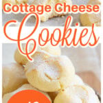 Cottage cheese cookies in a bowl and on parchment paper. Dusted with powdered sweetener.