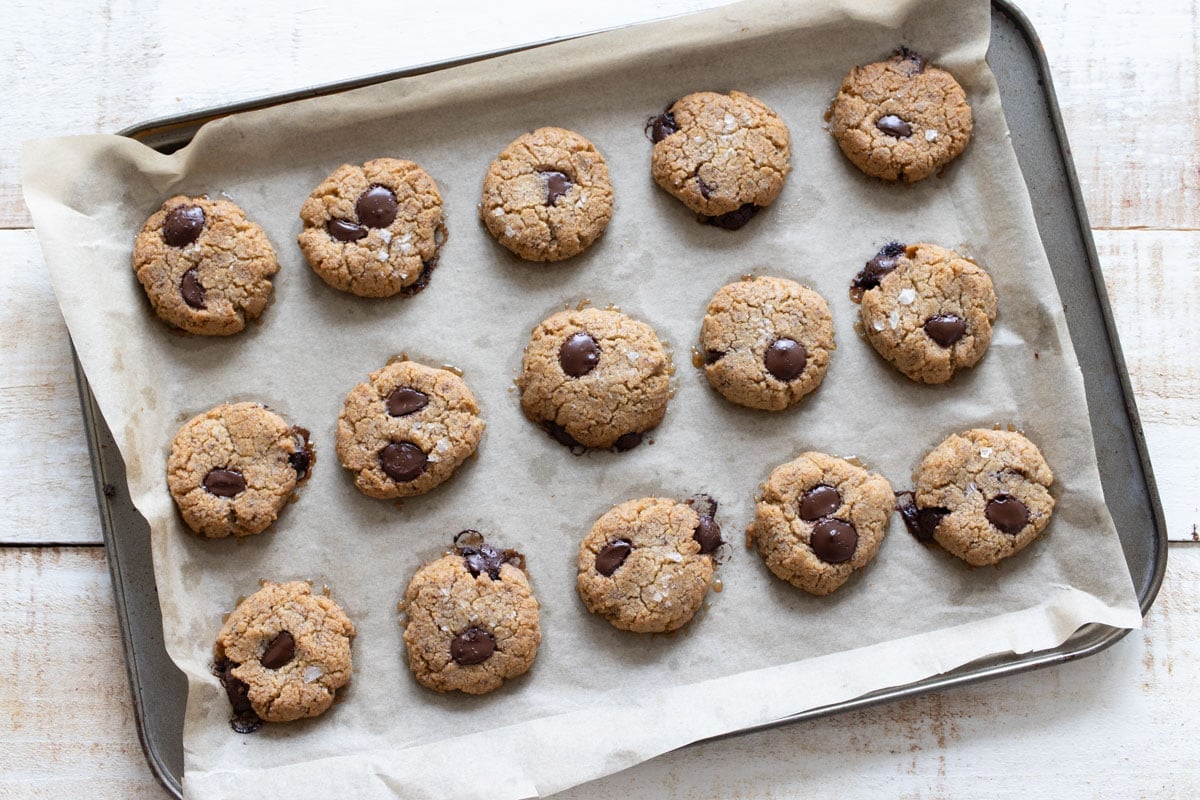 Baked chocolate chip tahini cookies on a parchment paper lined cookie sheet.
