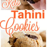A stack of keto tahini cookies with chocolate chips and a hand holding a bitten cookie showing the inside