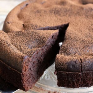 A slice of cottage cheese chocolate cake dusted with cocoa powder being taken from a cake on a cake stand.