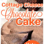 A chocolate cake made with cottage cheese and a slice of chocolate cake, dusted with cocoa powder and blended cottage cheese on the side.