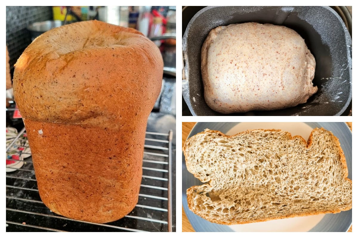 Image collage of keto bread loaf, the dough in a bread machine and a slice of bread.