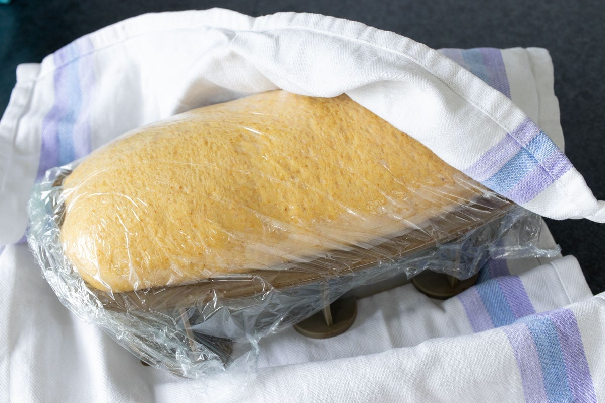 The yeast dough in the bread pan after rising, covered with clingfilm and a kitchen towel.