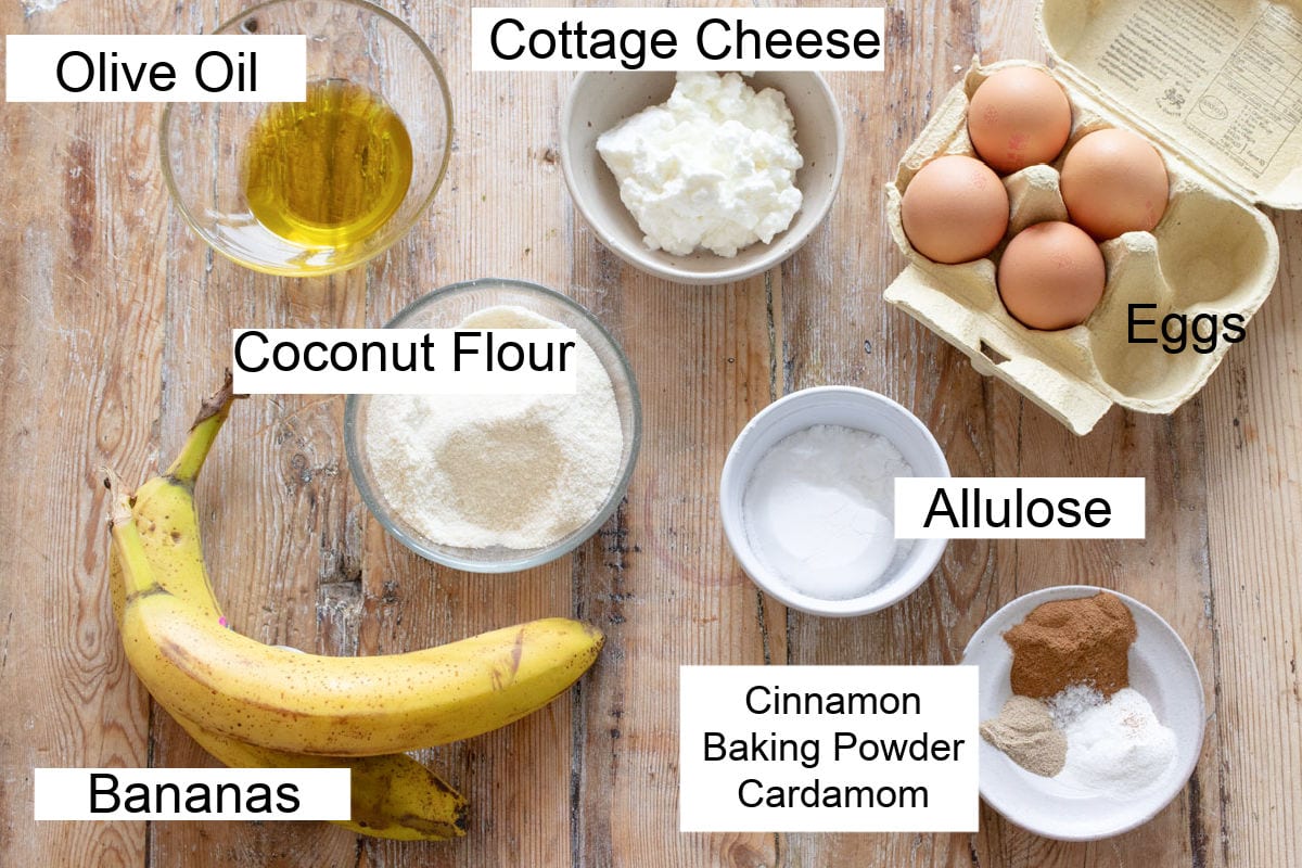 Ingredients to make a cottage cheese banana bread, measured into bowls and labelled.