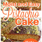 A slice of pistachio cake and a keto pistachio cake topped with crushed pistachios.